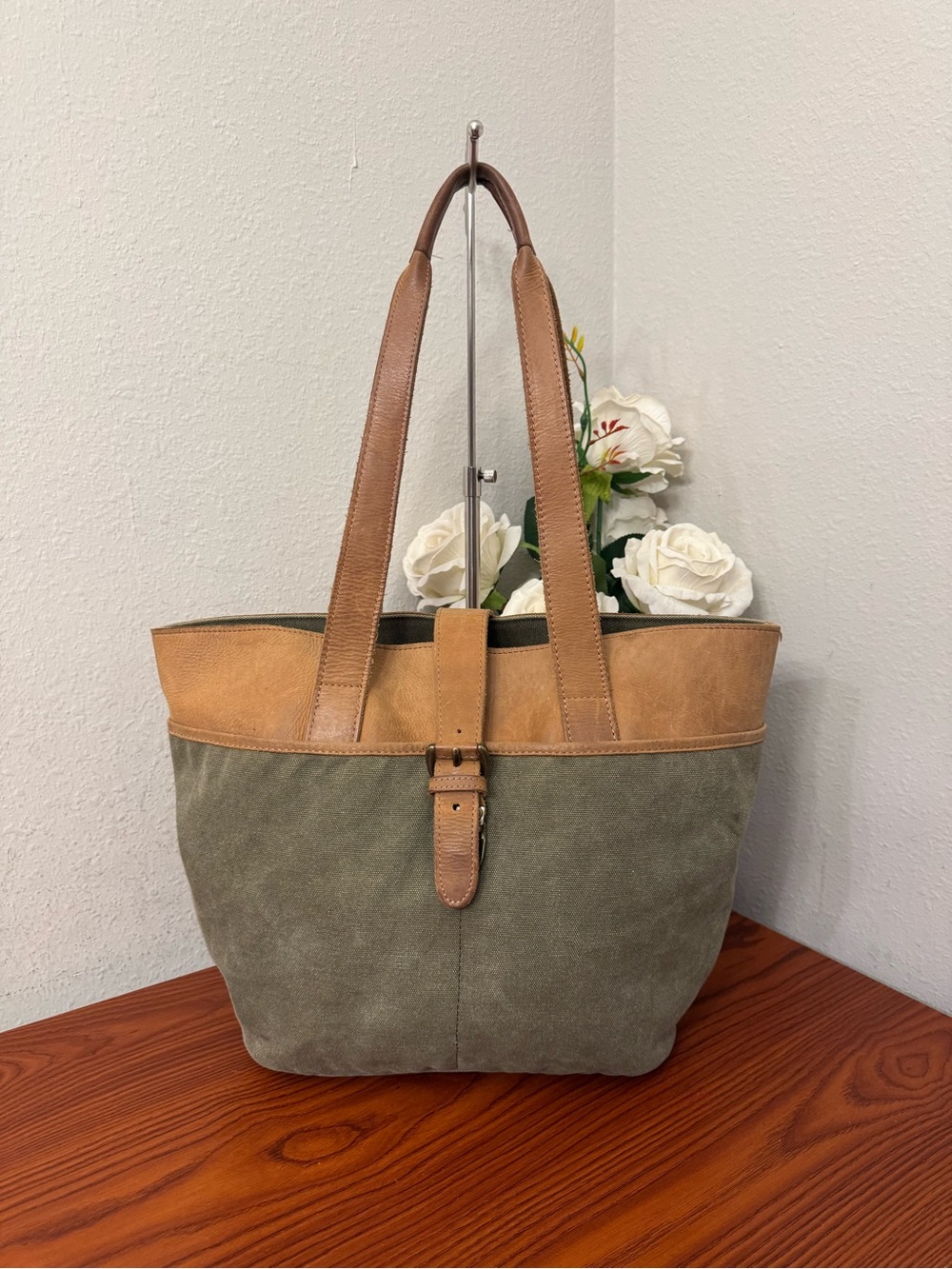 L.L. Bean Olive Canvas Tote with Tan Leather Trim